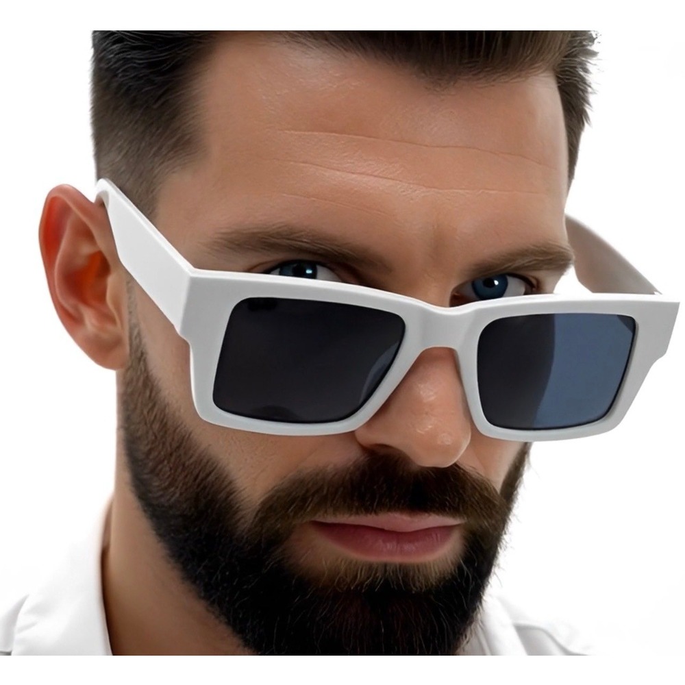 Mens White Rectangular Sunglasses Bold Square Chunky New Retro Streetwear‎ Shade